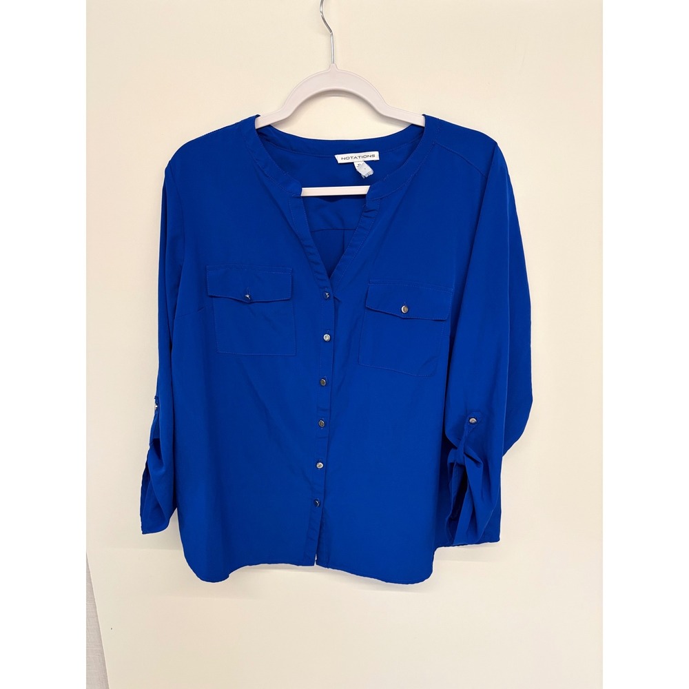 Corporate Core Minimalist Blouse Roll Tab Sleeve Notations Women XL Royal Blue